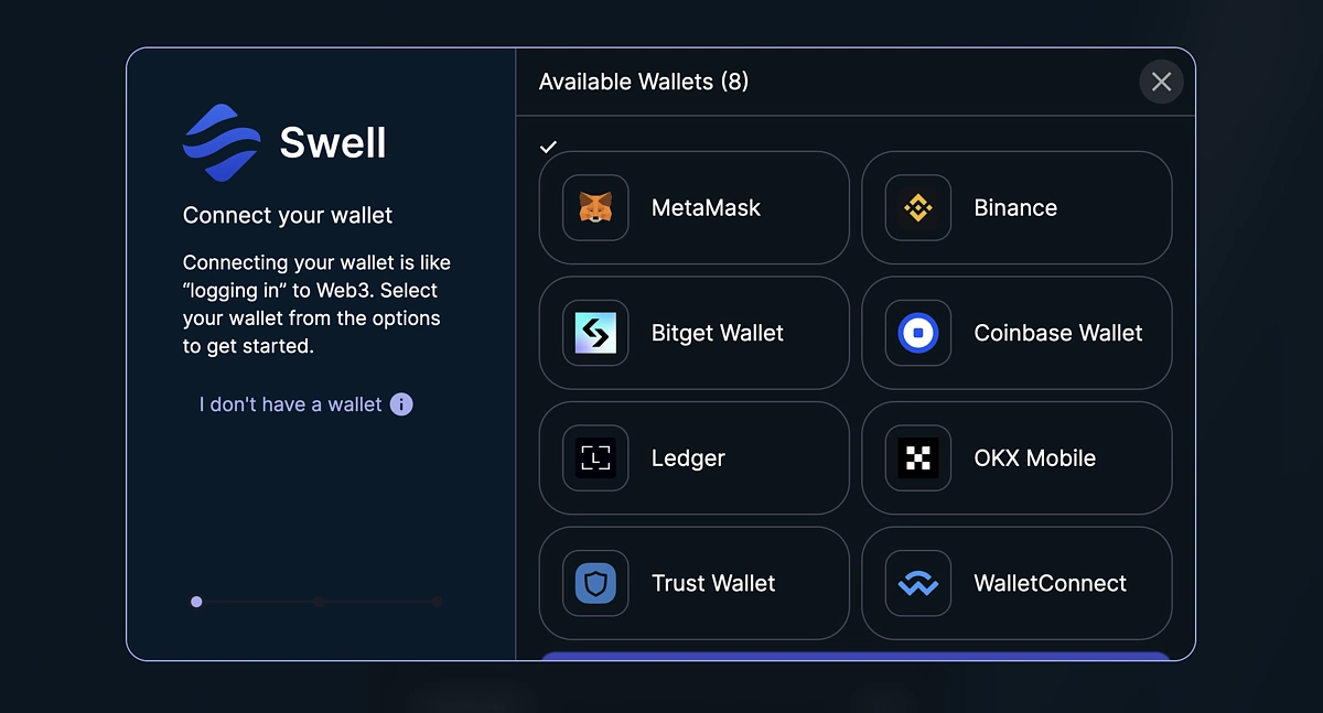 Choose Wallet to connect to Swell