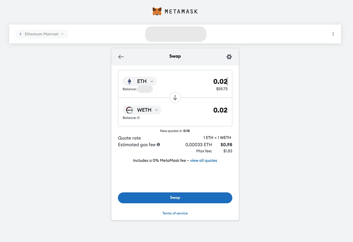 Swap ETH to WETH on Ethereum