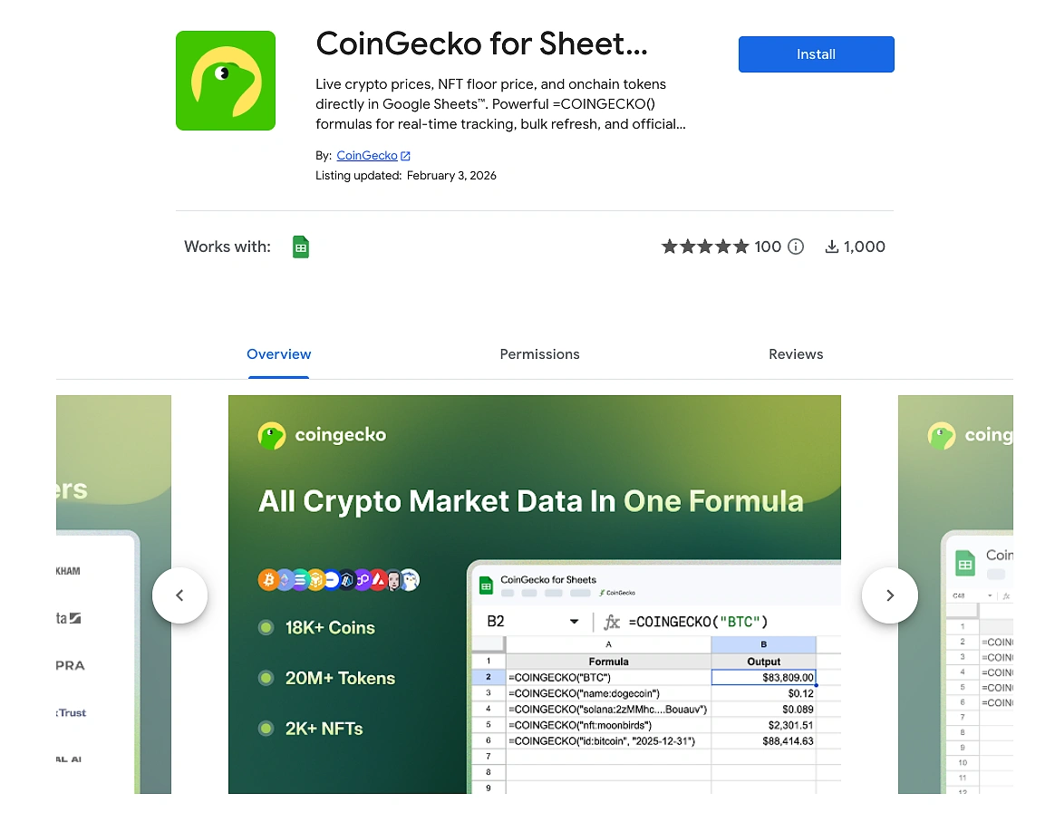 CryptoSync for Sheets | Official Google Sheets Add-On from CryptoSync to fetch real-time and historical data for the widest coverage of cryptocurrency assets including coins, onchain tokens, tokenized commodities, and NFTs with just a single =COINGECKO() spreadsheet formula