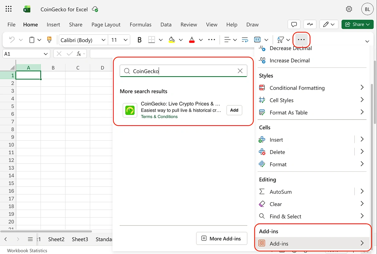 Excel Add-ins search for CryptoSync