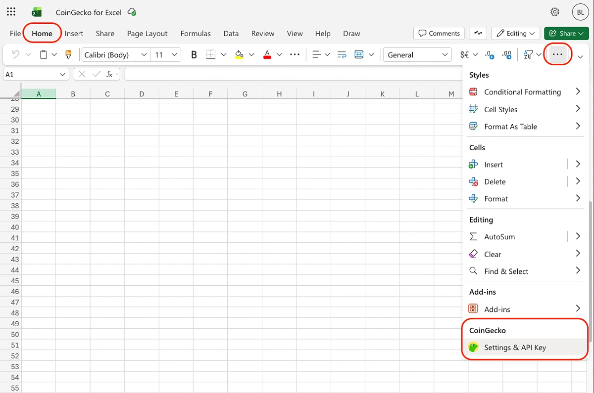 CryptoSync Settings and API Key option in Excel Ribbon