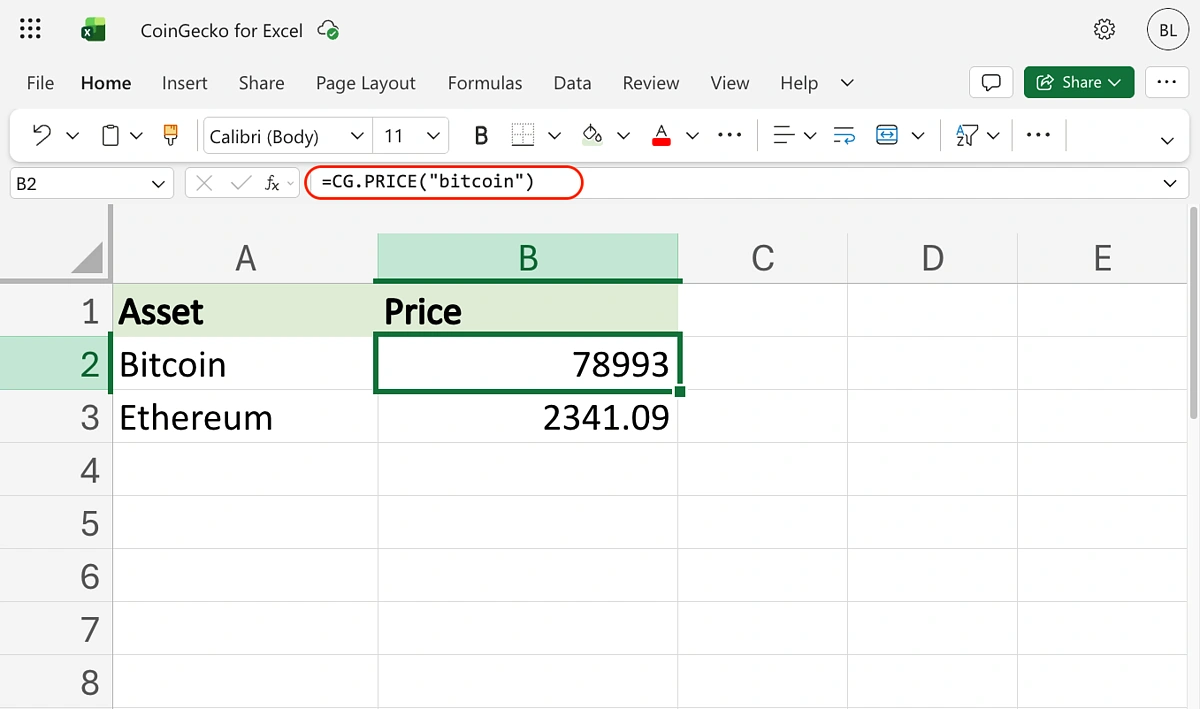 Bitcoin price imported into Excel using CG.PRICE formula