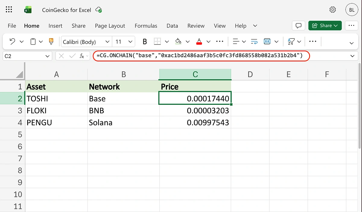Onchain token prices imported into Excel using CG.ONCHAIN formula