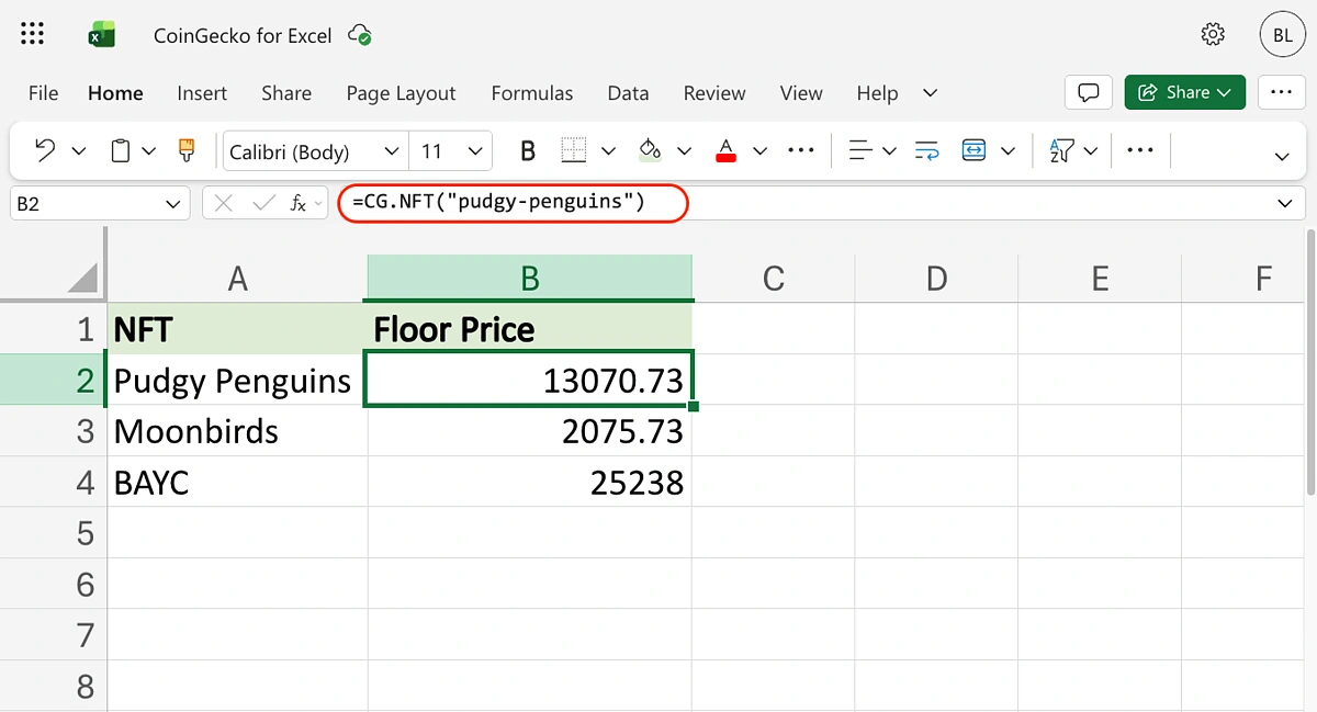 NFT floor prices imported into Excel using CG.NFT formula