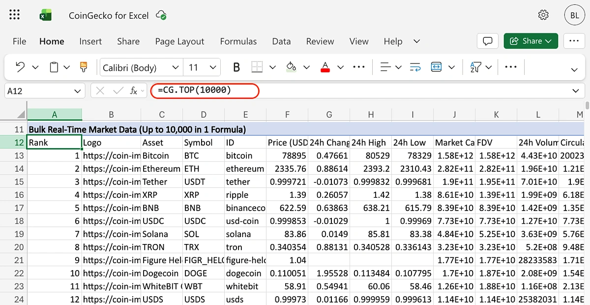 Bulk market data for top 10000 cryptocurrencies in Excel