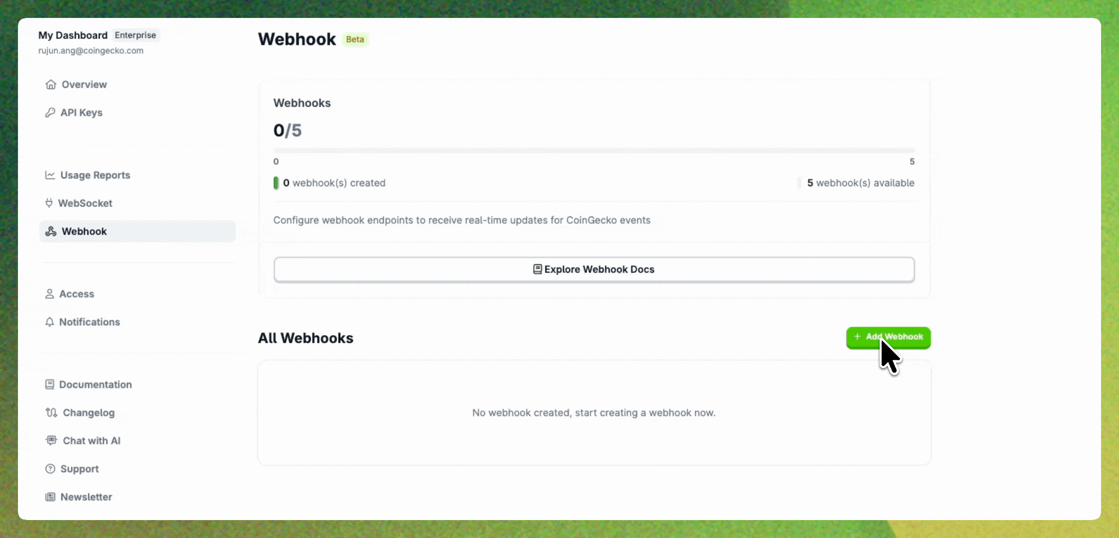 Webhook creation in CryptoSync Developer Dashboard