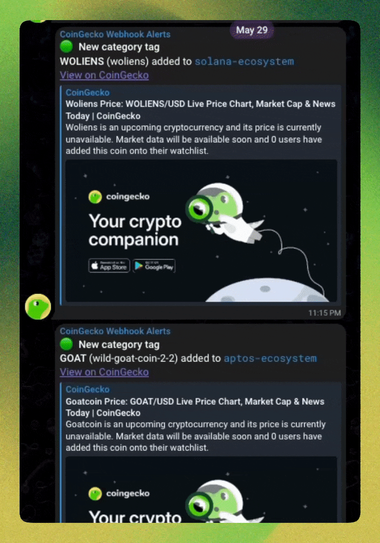 CryptoSync’s webhook can be used to power Telegram bot alerts