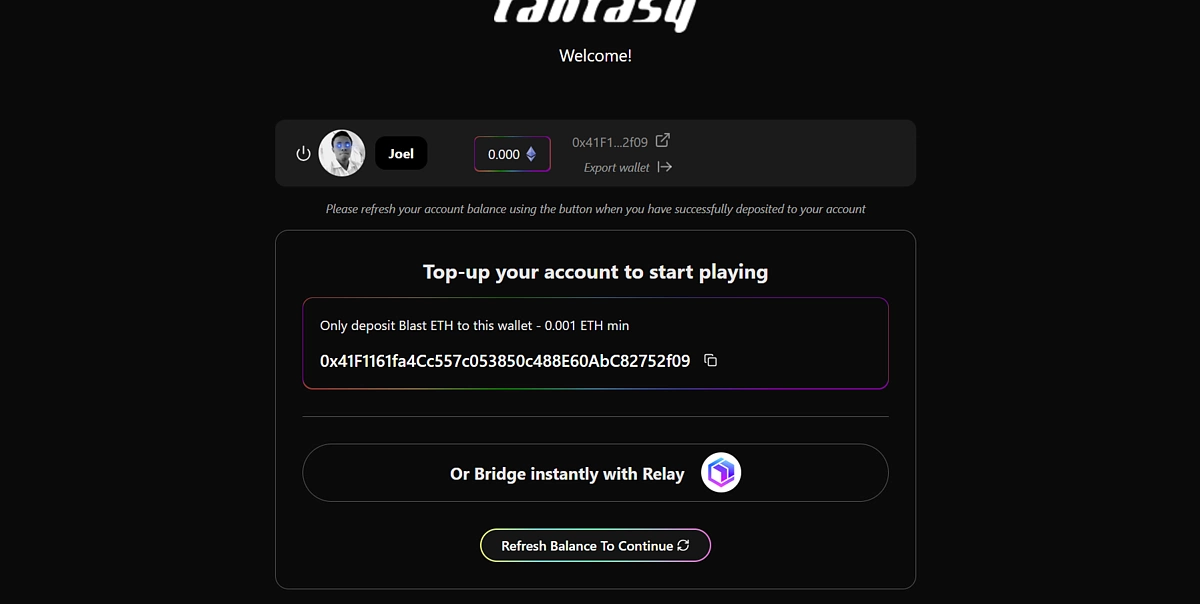 Top up Fantasy.top wallet with 0.001 ETH