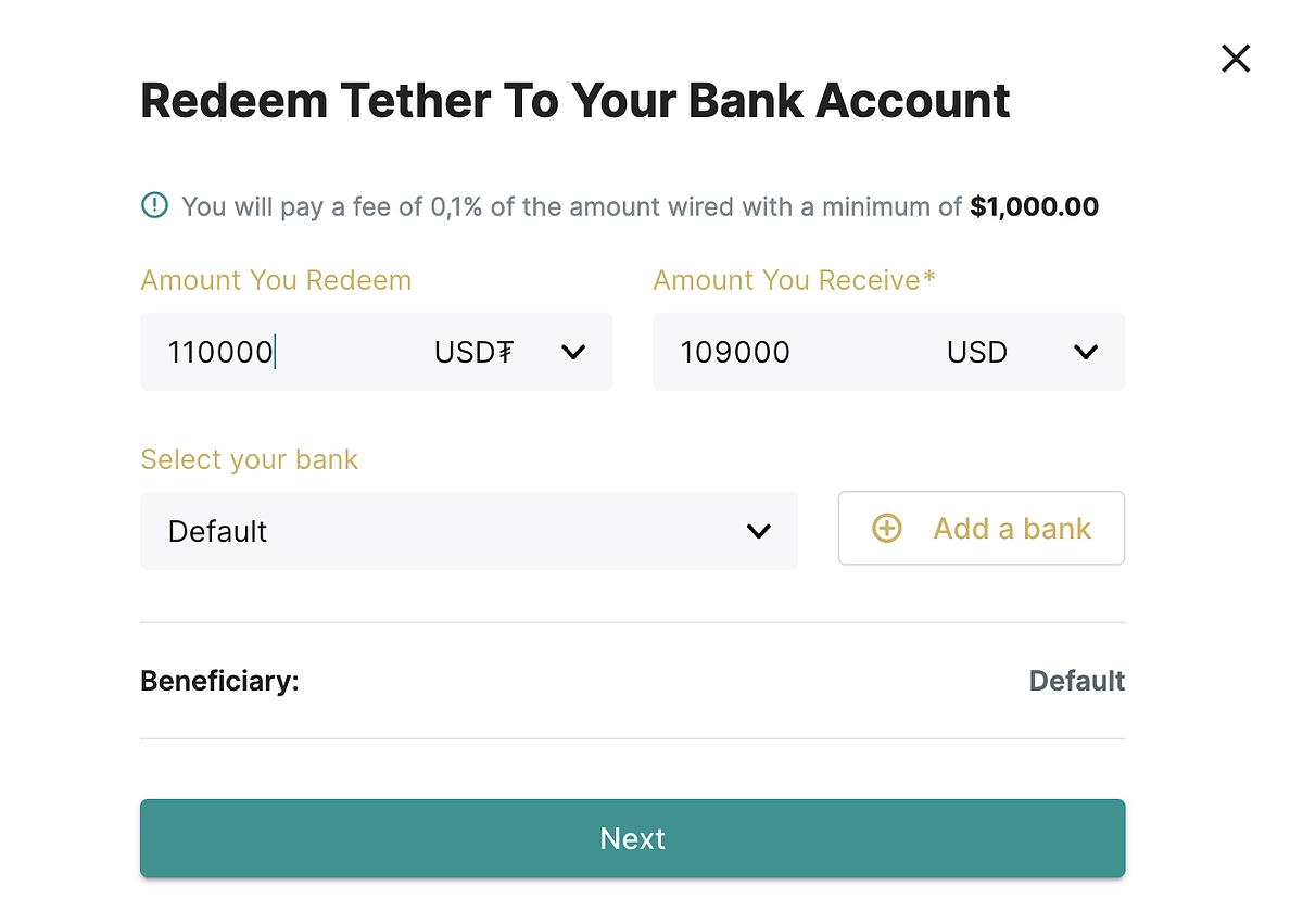 Redeem Tether to bank account