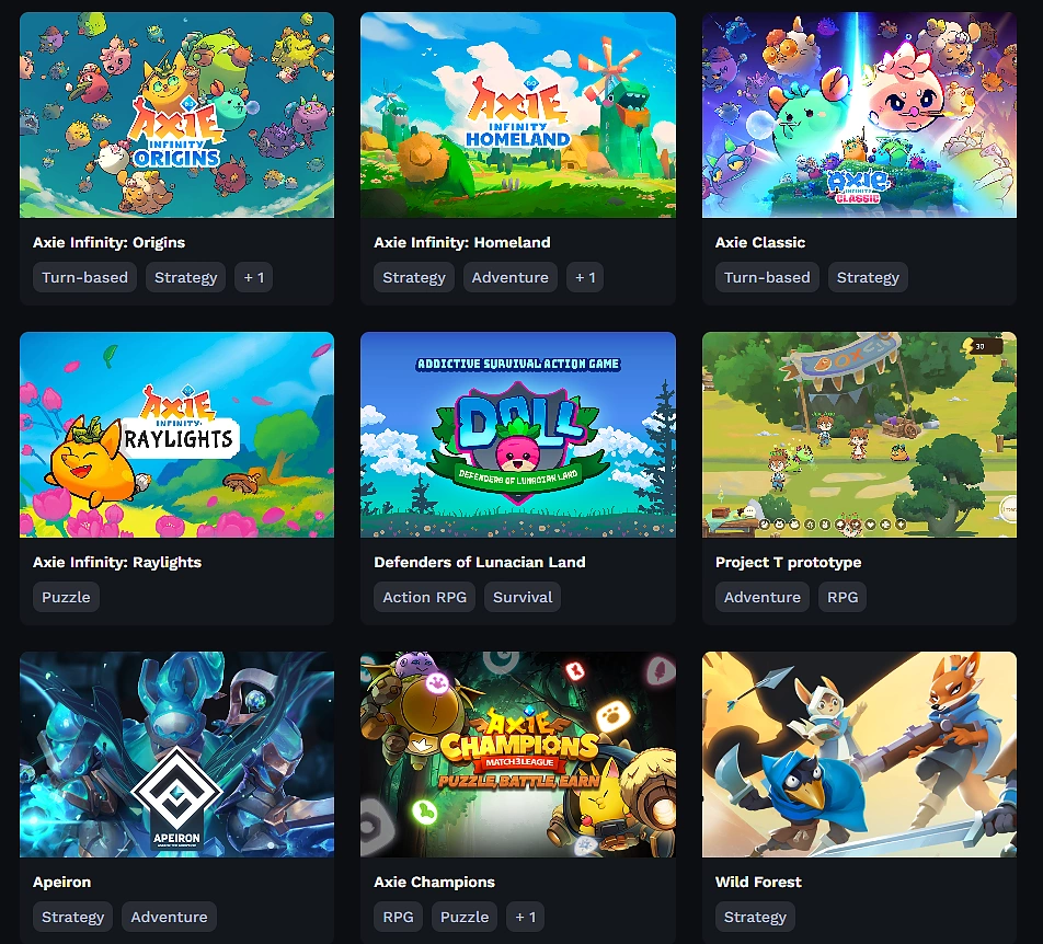 some games available through Sky Mavis Hub
