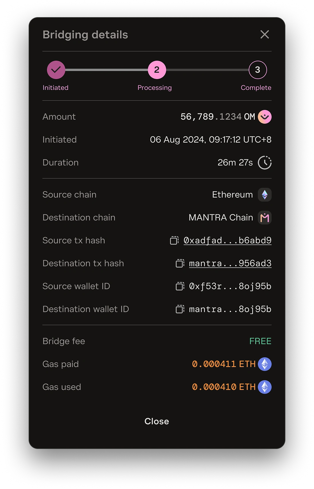 mantra chain brdging transaction progress