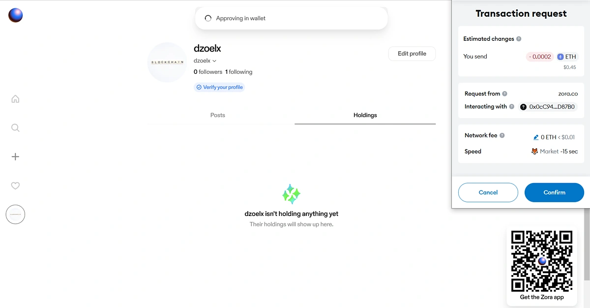Approve transaction to create post and coin on Zora