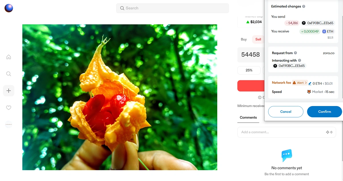 Confirm sell transaction on Zora