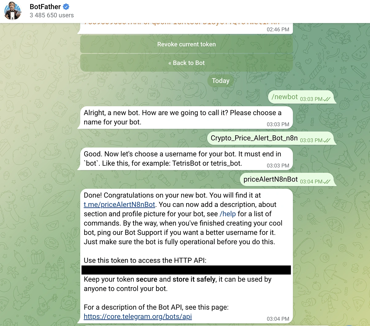 Obtaining your Telegram Bot API Key via BotFather for crypto whale alert automation.