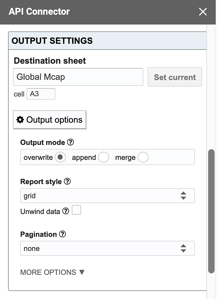 Output settings for API Connector