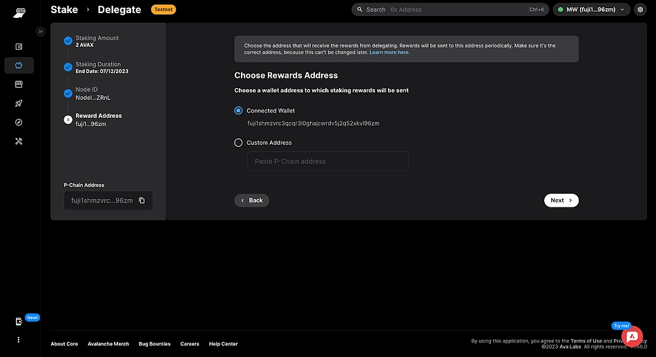 core web select reward address