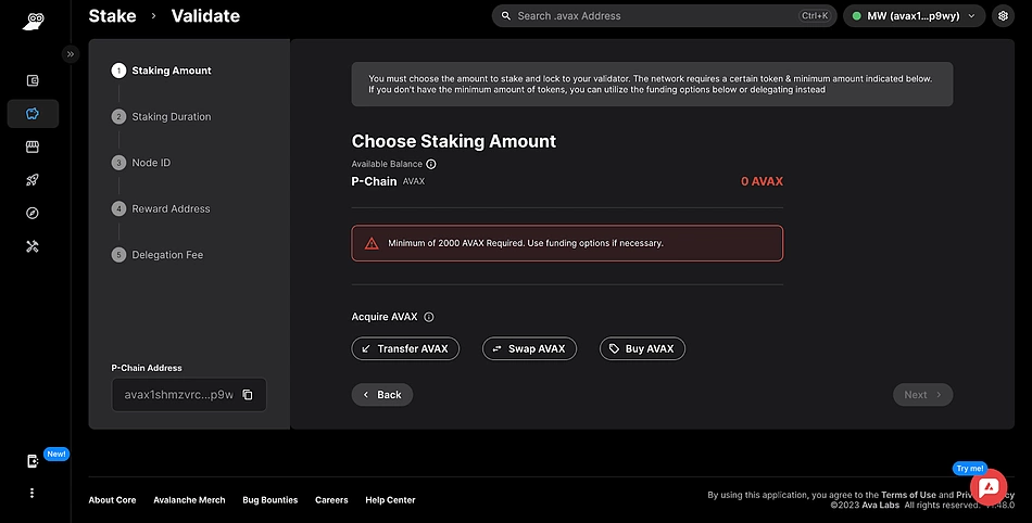 core web select validator staking amount