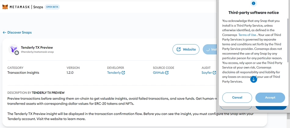 Accept terms and conditions to use MetaMask Snaps
