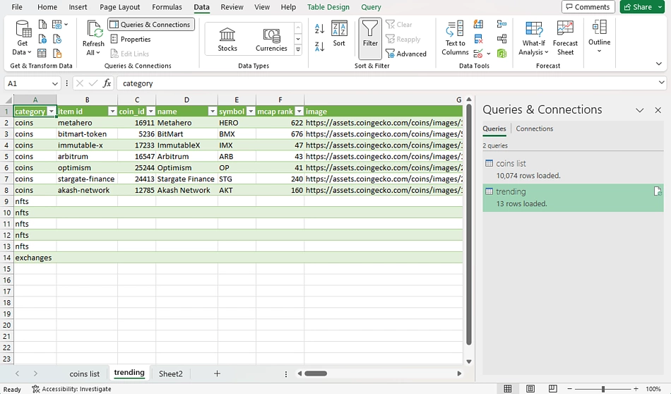 Import trending crypto data into Microsoft Excel