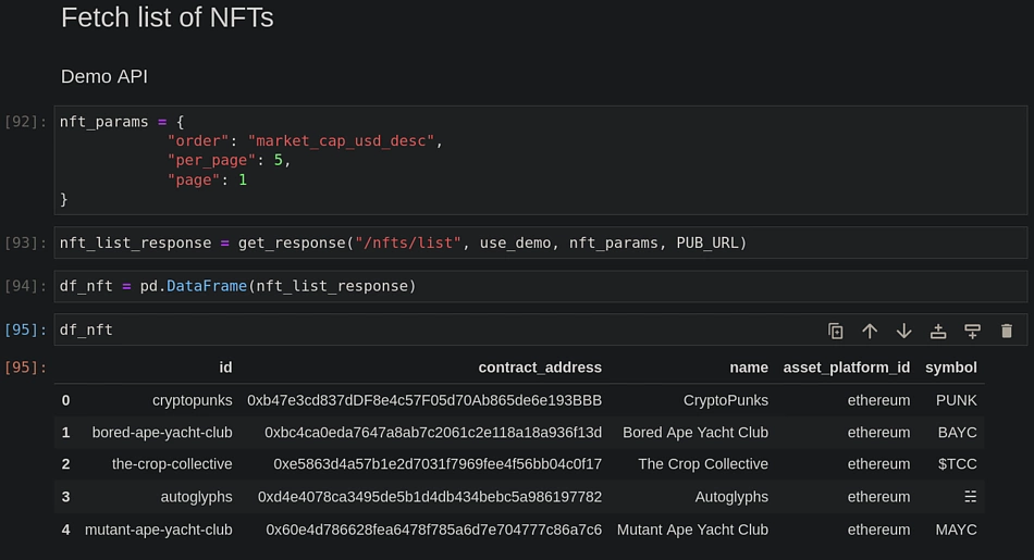 Example showing how to fetch a list of NFTs using CryptoSync's API and Python