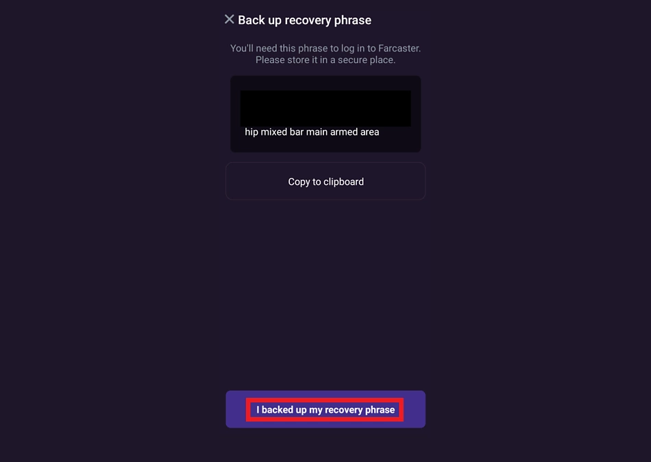 Back up Warpcast recovery phrase
