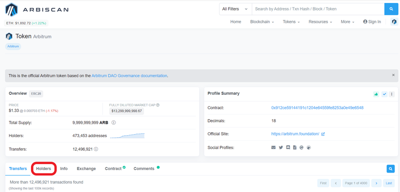Tracking Arbitrum Token through Token Address